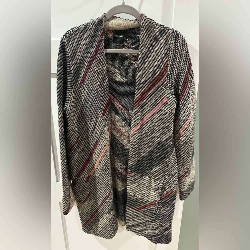 Nic Zoe Tweed Sweater Coat Cardigan Medium Black Pink Boho